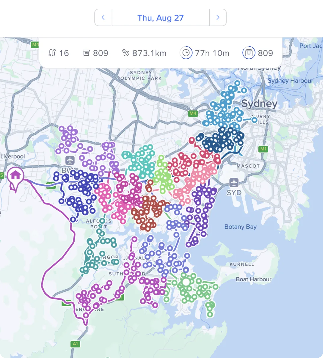 Routific screenshot showing a complex multi-route plan with clean routes.