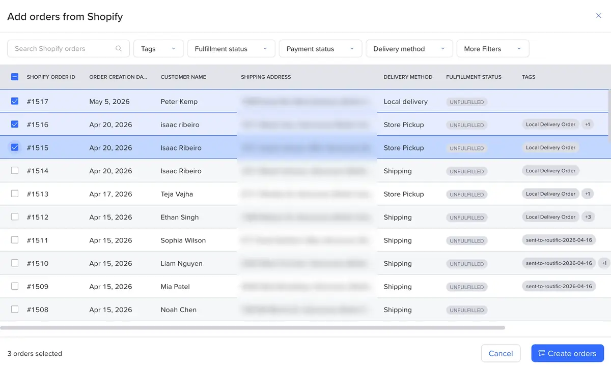 Add orders from Shopify window in Routific with filters and three orders selected