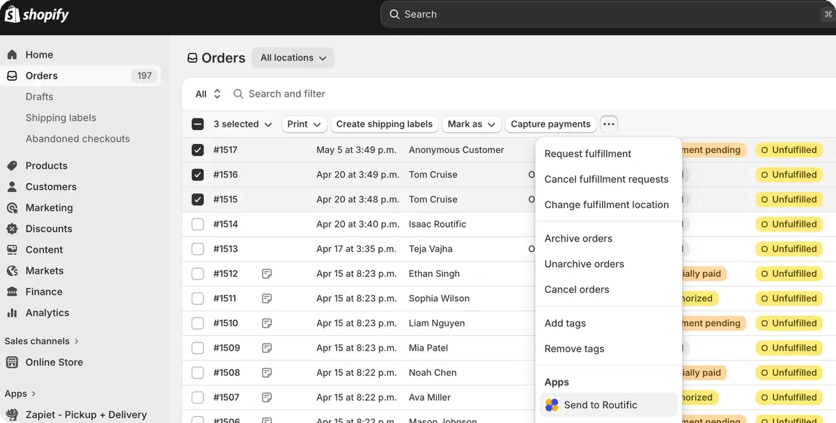 Shopify orders list with three orders selected and Send to Routific in the actions menu