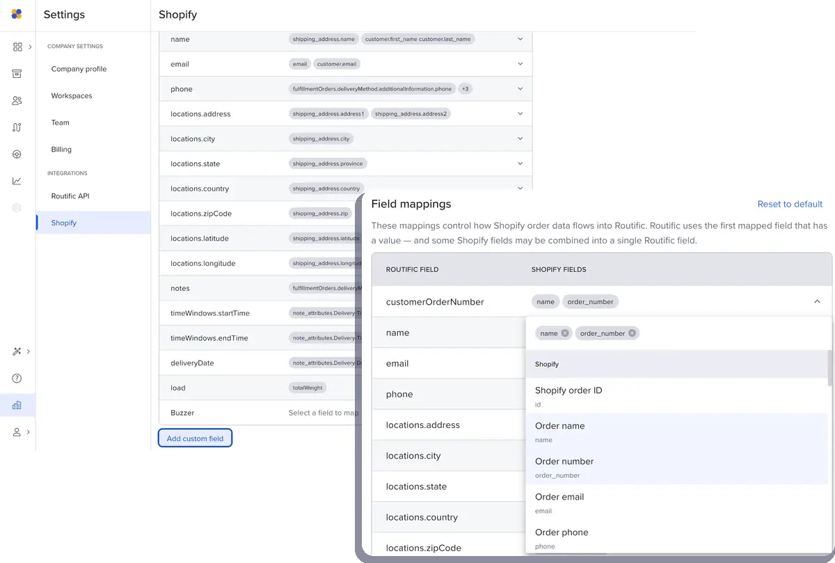 Routific Shopify settings with each Routific field mapped to Shopify fields, and the field dropdown open