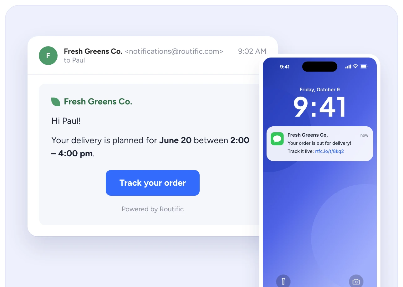 A delivery notification email with the planned delivery window and a Track your order button, next to a phone lock screen showing the same update as a text message with a tracking link.