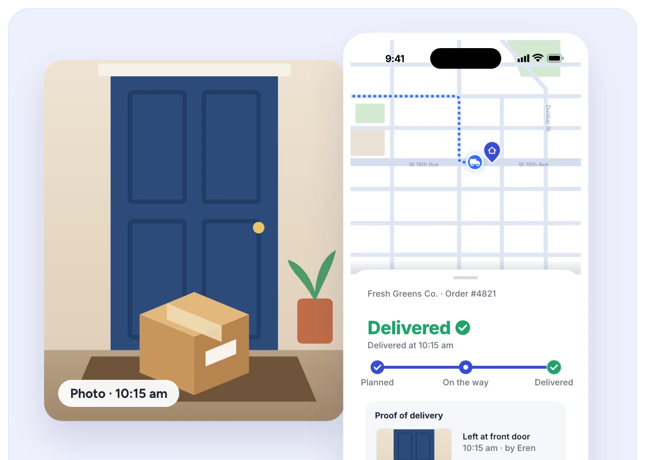 The proof-of-delivery photo of a parcel at the front door, next to Routific's tracking page showing the order delivered at 10:15 am with the photo and signature.