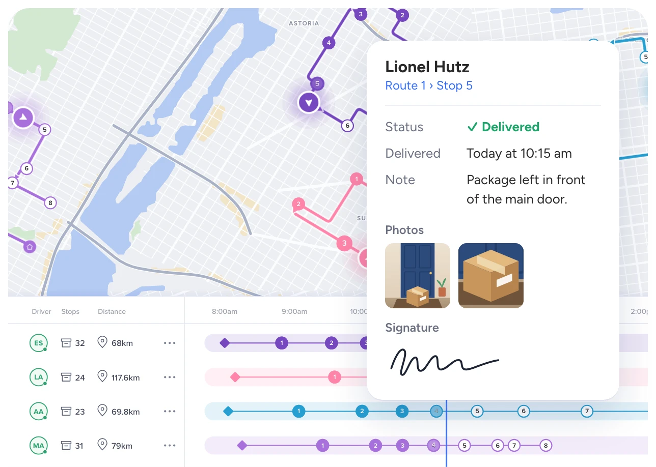 Routific's dispatcher view with a delivered stop's details: status delivered, delivery time, the driver's note, two proof-of-delivery photos and the customer's signature.