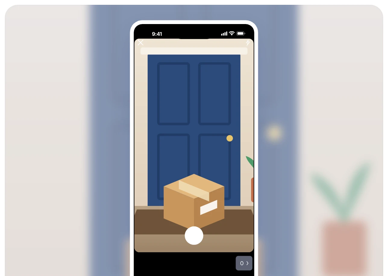 The Routific driver app's camera framing a parcel on a customer's doorstep to take a proof-of-delivery photo.