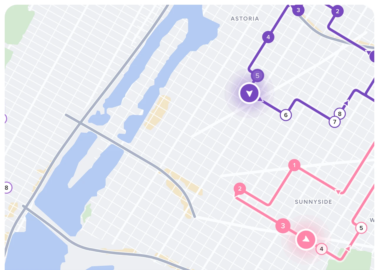 Routific's live map with several delivery routes and each driver's current position.