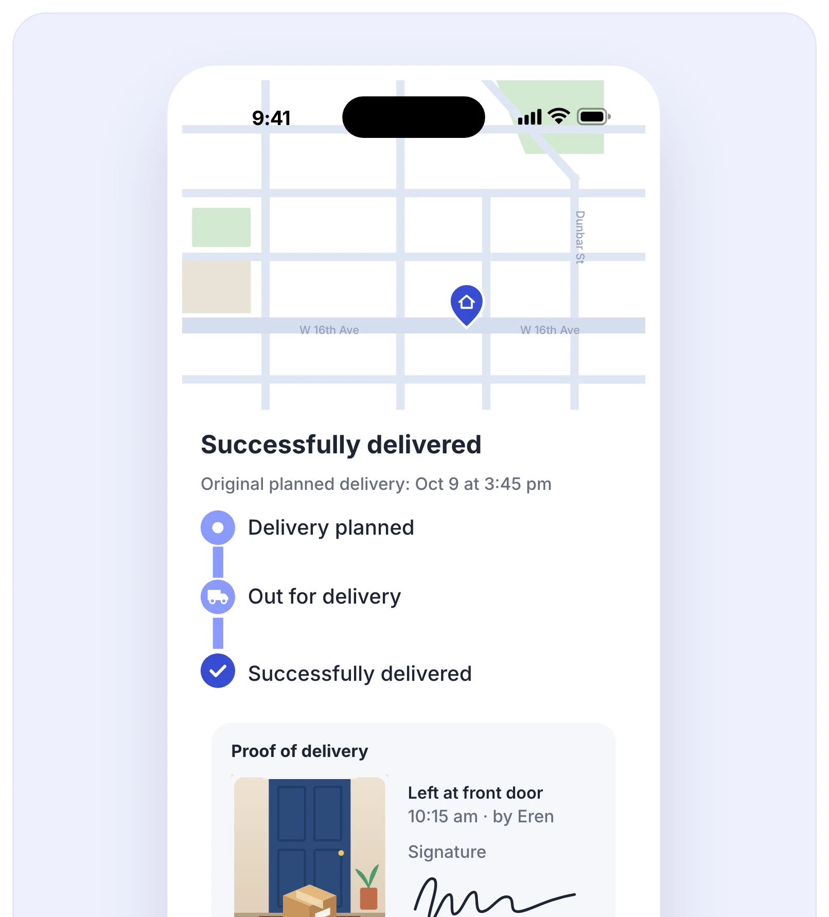 Routific's tracking page after delivery: a map with only the customer's address, the steps from planned to successfully delivered, and the proof of delivery photo and signature. The driver's location is no longer shown.