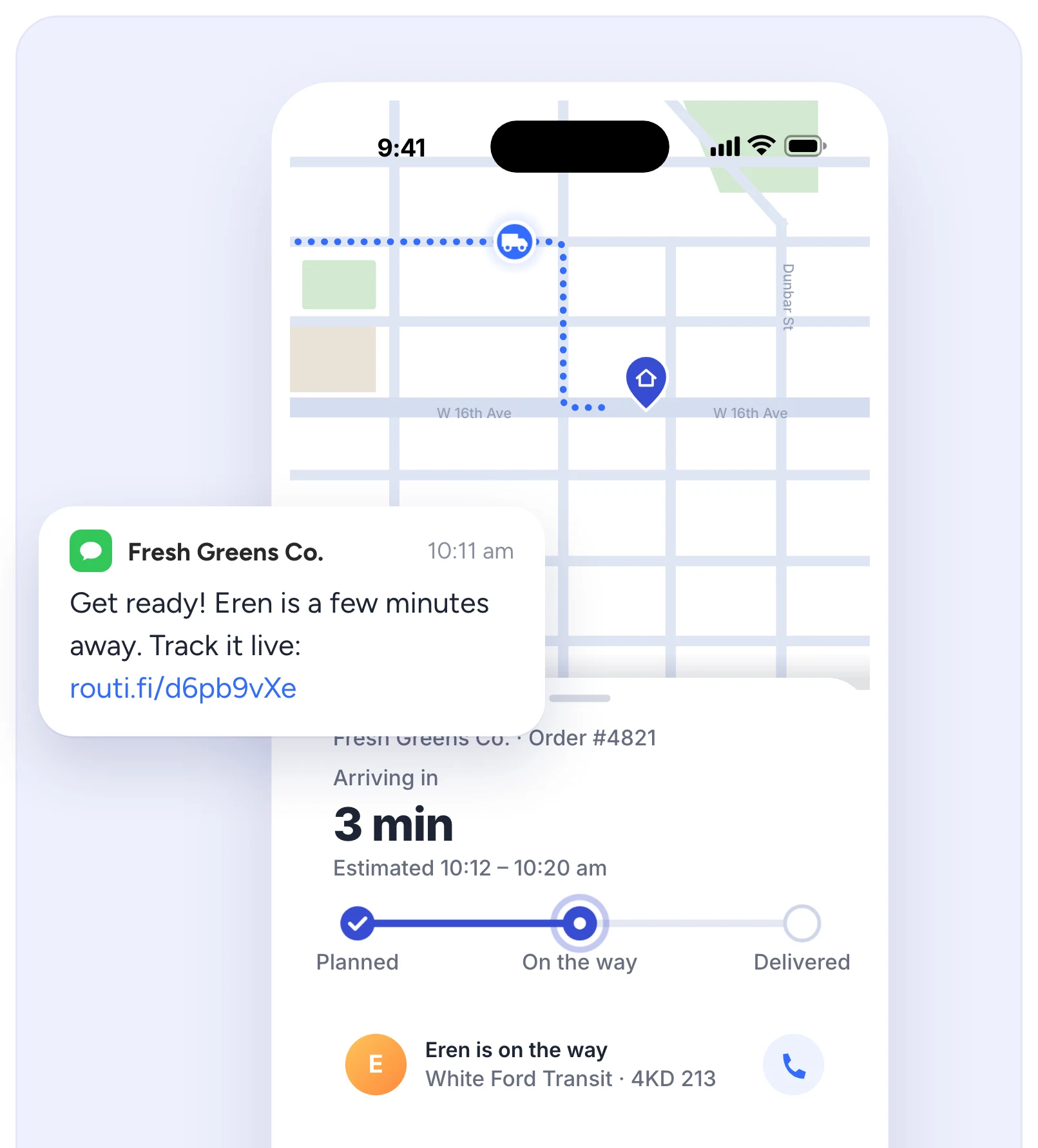 Routific's live tracking page as the driver approaches: the van on the map heading to the customer's address, arriving in 3 minutes, with a text saying the driver is a few minutes away.