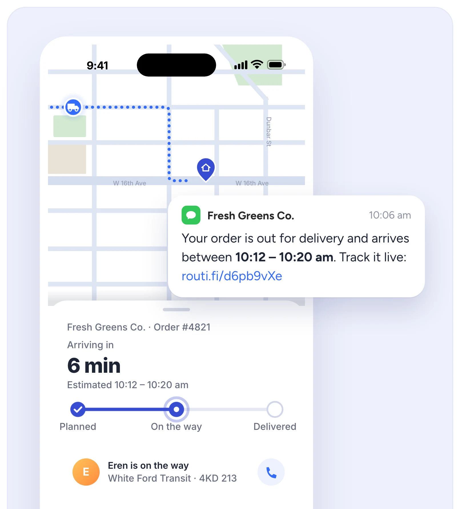 A text message with a delivery window and a tracking link, over Routific's live tracking page showing the driver on the map and the delivery arriving in 6 minutes.