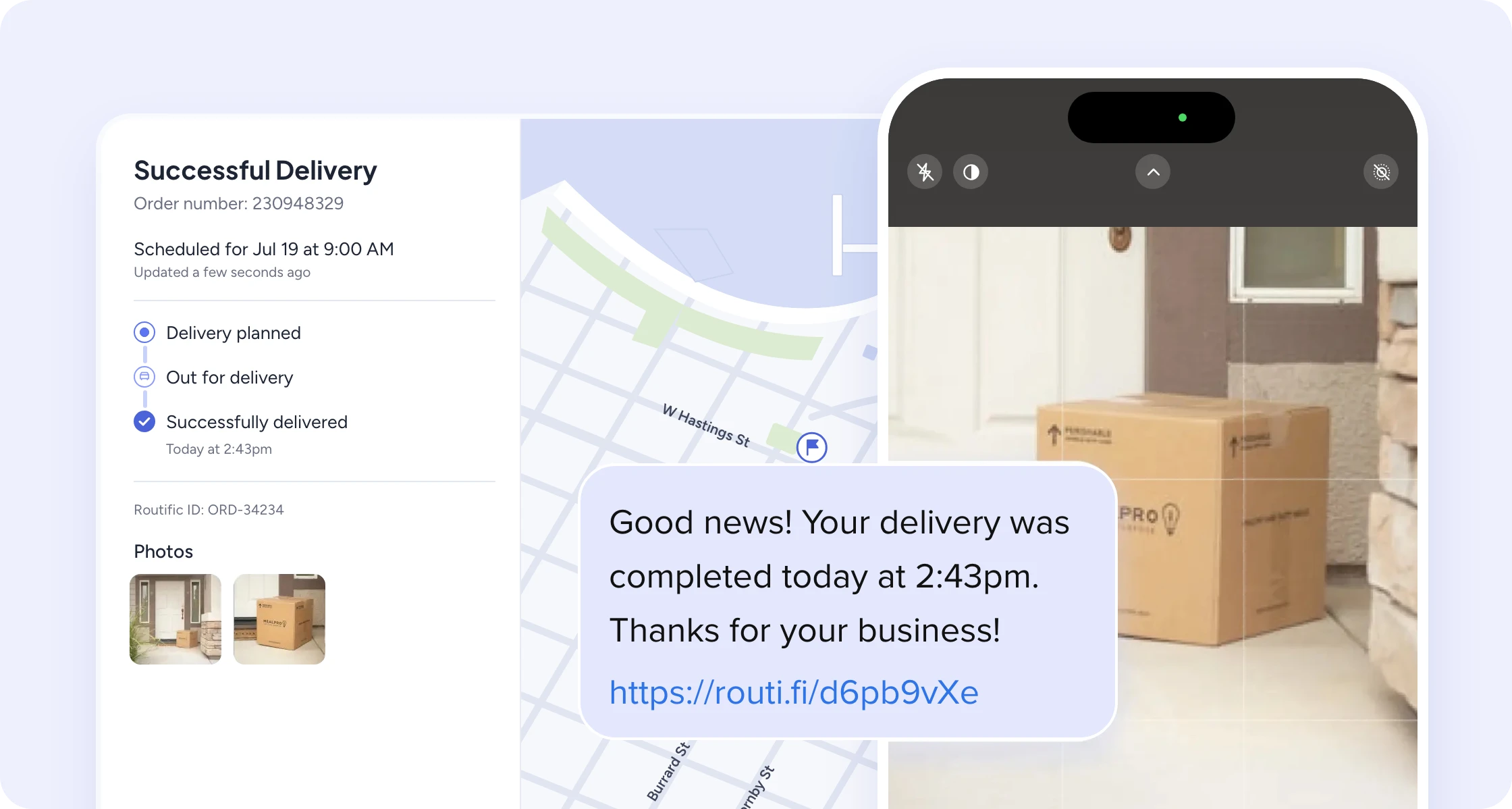 Routific's delivery notifications: the customer's delivery tracker showing Successful Delivery with a map and proof-of-delivery photos, a text message saying the delivery was completed with a link to the tracker, and the driver's phone camera taking a proof-of-delivery photo of a parcel on the doorstep.
