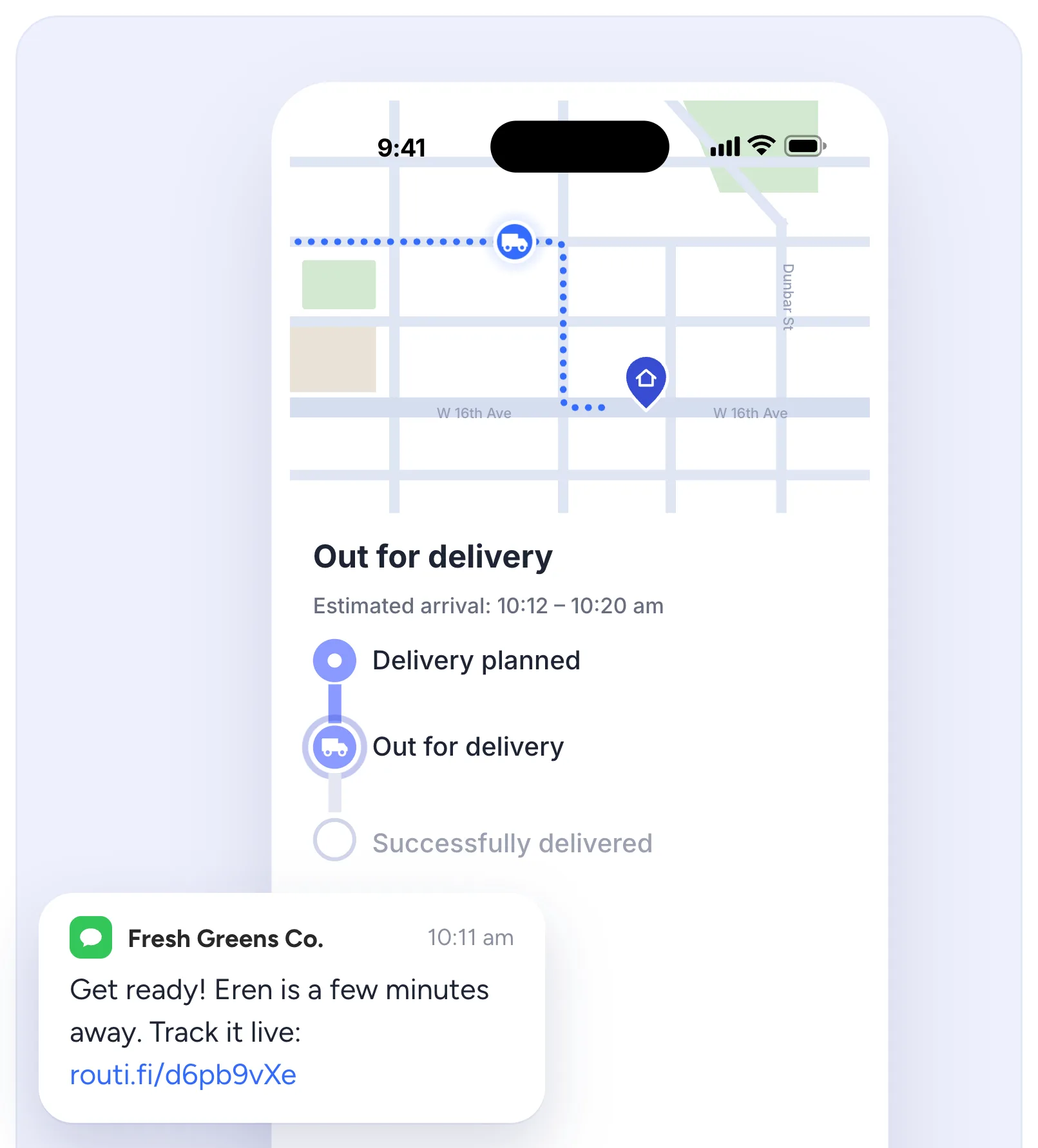 Routific's live tracking page as the driver approaches: the van on the map heading to the customer's address, the order out for delivery, with a text saying the driver is a few minutes away.