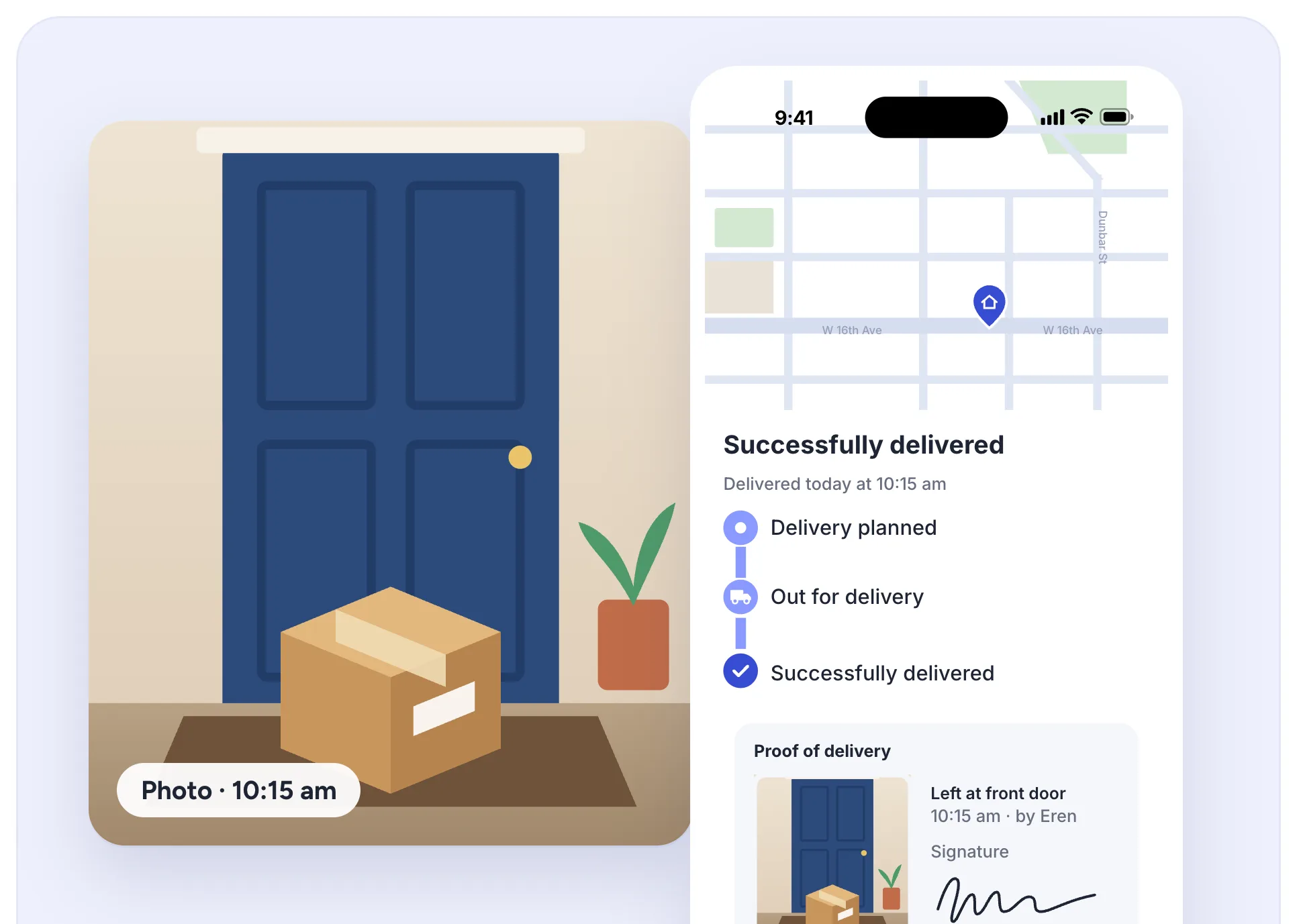 The proof-of-delivery photo of a parcel at the front door, next to Routific's tracking page showing the order delivered at 10:15 am with the photo and signature.