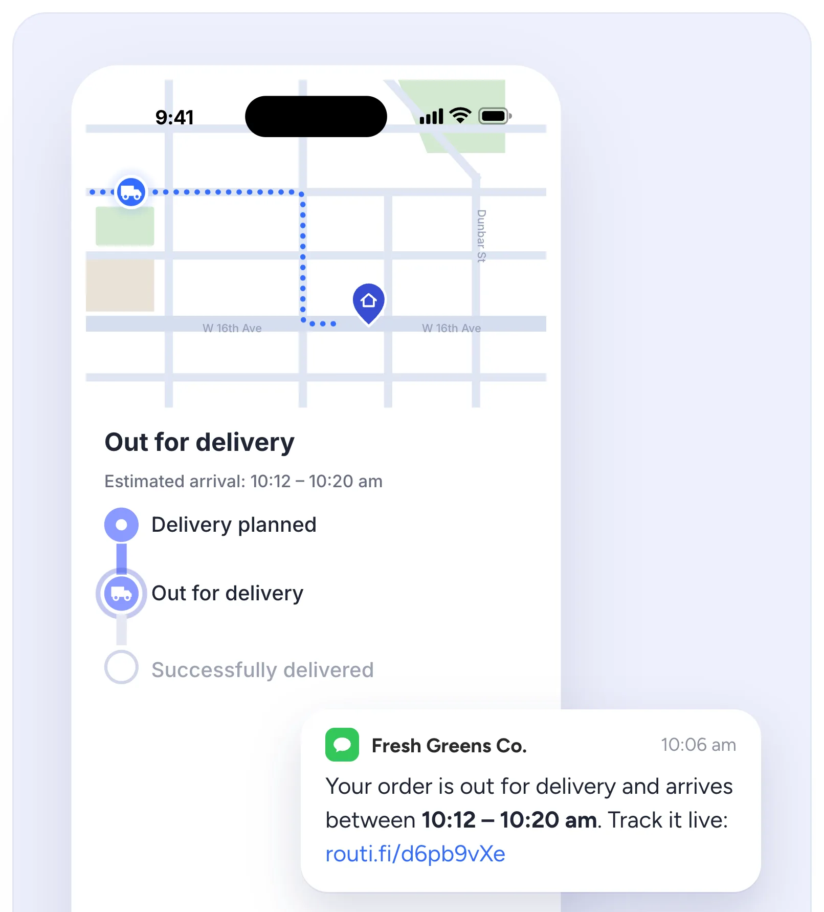 A text message with a delivery window and a tracking link, below Routific's live tracking page: the driver on the map, the order out for delivery with an estimated arrival of 10:12 to 10:20 am.