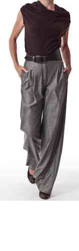 Stride right: Magaschoni's high waisted trousers and silk top paired wth Anyi Lu's olive and espresso pumps. (Betsy Fisher)