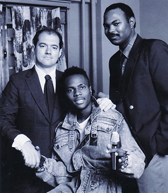 Old school: Steve Mariotti, Vincent Wilkins, with music producer Tony Stone. 1987.