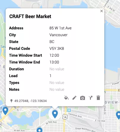 Screenshot of the information card that pops up when you click on a place Google My Maps place marker, showing all the information imported from the spreadsheet.