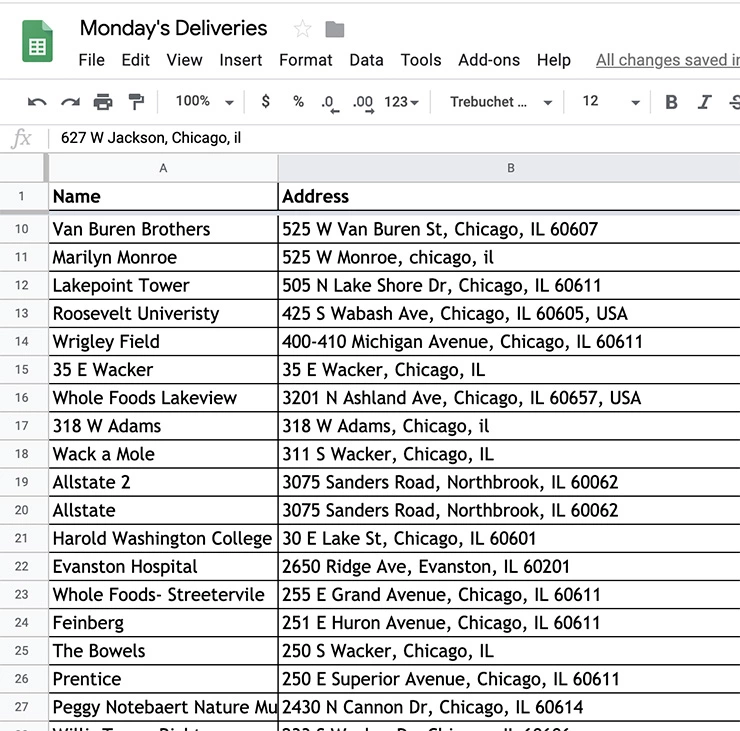 Partial screenshot of a spreadsheet showing the title "Monday Deliveries" and two columns headed "Name" and "Address". The addresses are all for places in Chicago.