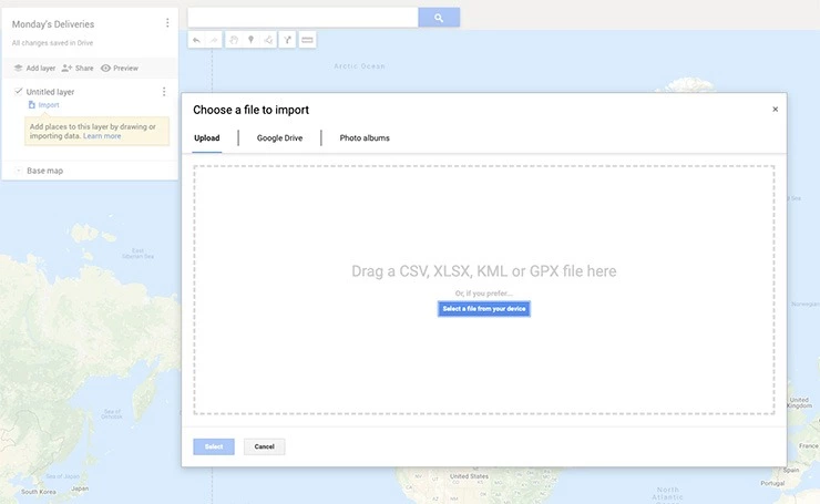 Screenshot of the "Choose a file to import" dialog box in Google My Maps