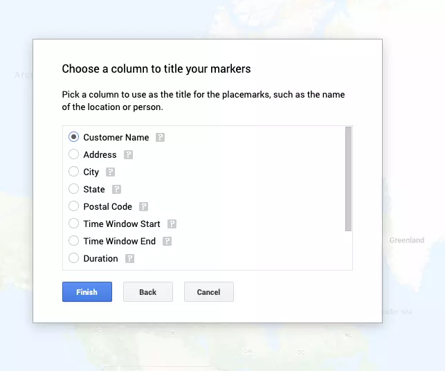 Screenshot of a Google My Maps dialog box headed "Choose a column to title your markers". The "Customer Name" checkbox is chosen.