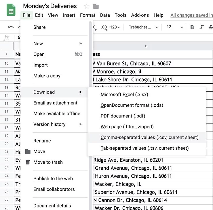 Screenshot showing the File>Download>Comma-separated values menu in Google Sheets