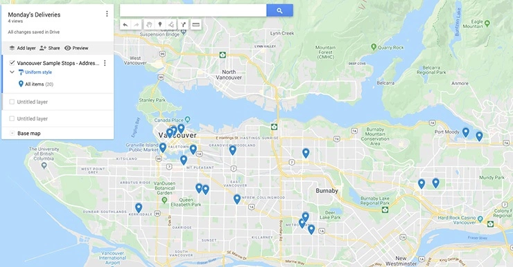 Screenshot of Google My Maps showing blue markers on the map at all the places in the uploaded spreadsheet.