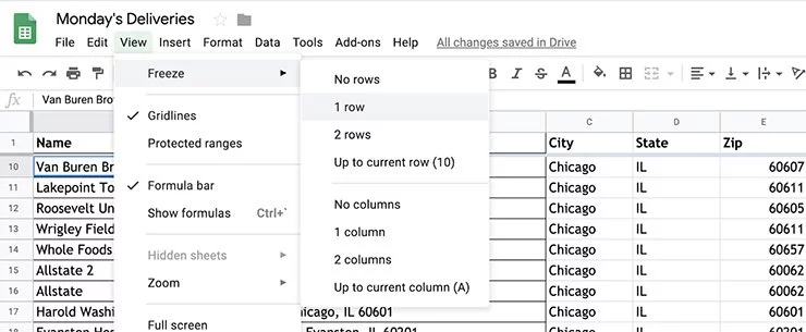 Screenshot showing the menus for freezing a row in Google Sheets.