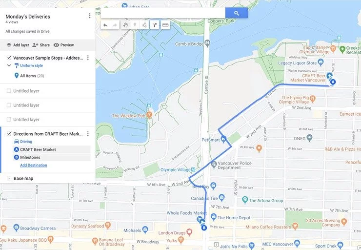 Screenshot showing a route plotted on the city map, from point A to point B. 