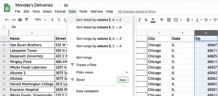 Screenshot showing the menu for sorting the spreadsheet by a column in Google Sheets.