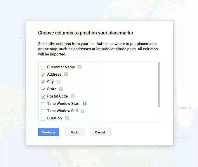 Screenshot of a Google My Maps dialog box headed "Choose columns to position your placemarks". There is a list of checkboxes corresponding to the column headings in the spreadsheet we uploaded.