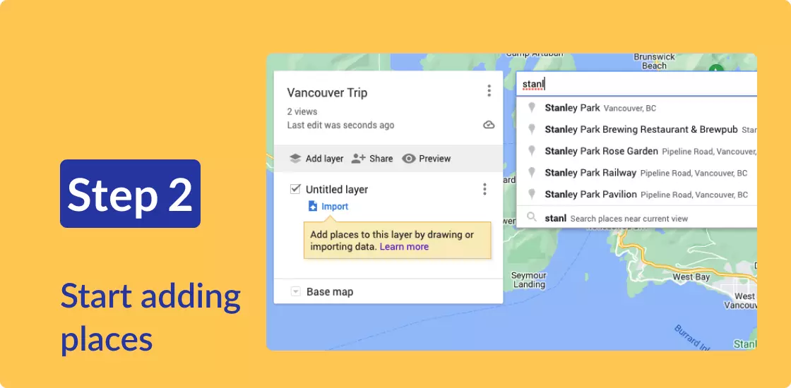 A map called "Vancouver Trip" open in My Maps, with a location search bar showing Stanley Park.