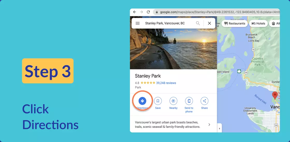 The place information pane for Stanley Park open in Google Maps, with the Directions button highlighted.