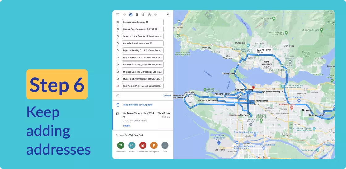 A completed 10-stop route visiting multiple destinations around Vancouver. The route makes a long loop across two bridges. The estimated time is 2hrs 42min.