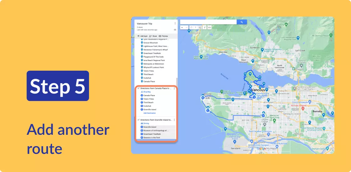 The same map two completed routes, one by bike and one by car.