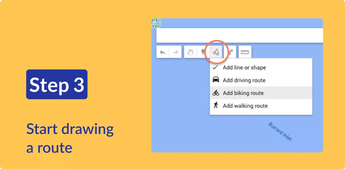 My Maps screen zoomed in to a set of icons at the top. The icon selected shows three dots connected by lines. The popup menu offers options to add a line or shape, add a driving route, add a biking route or add a walking route. 