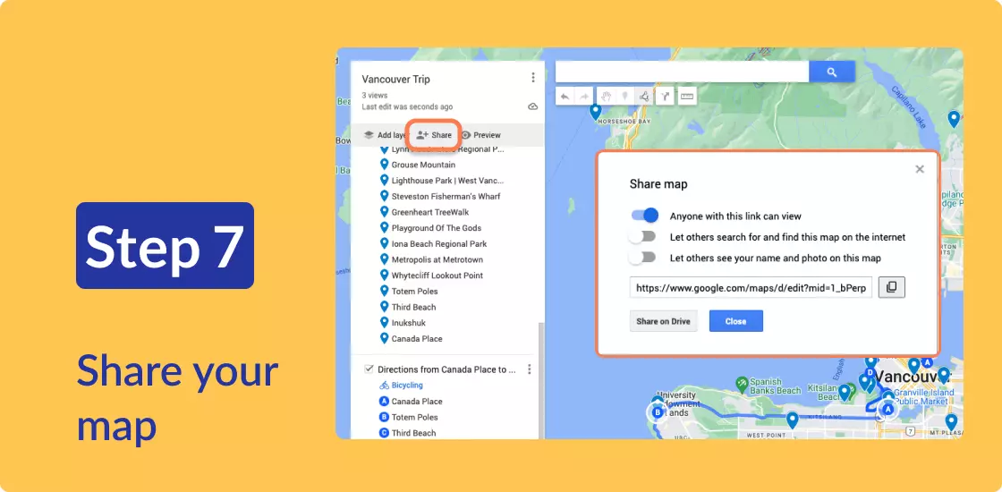 The Share button in My Maps is highlighted. The screen also shows the resulting popup, giving several different options for sharing the map, including an URL link that can be copied. 