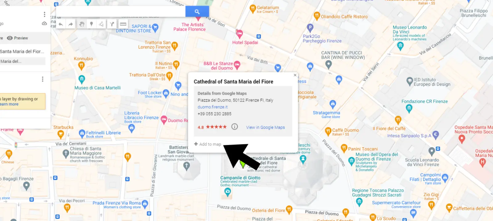 Screenshot of how to add a pin to google maps.