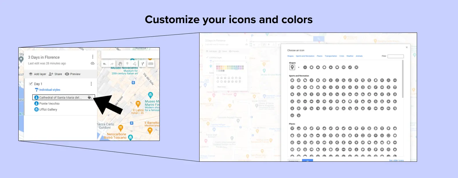 Screenshots of how to change pin colors and icons in google maps.