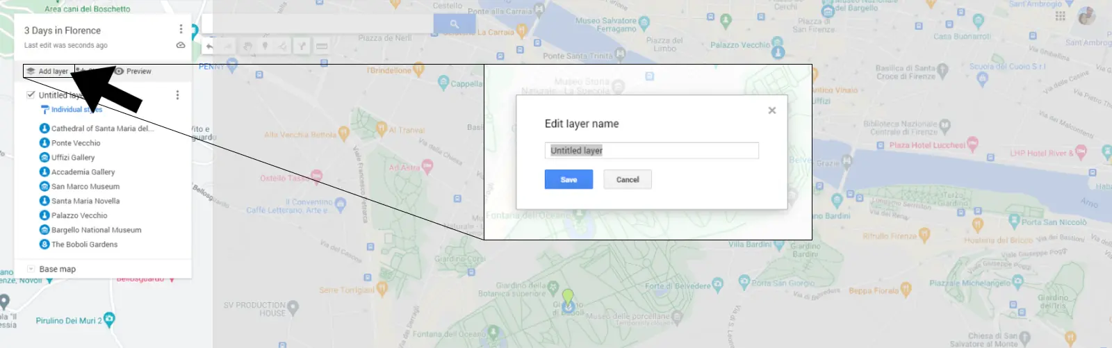 Screenshot of how to add a layer to google maps