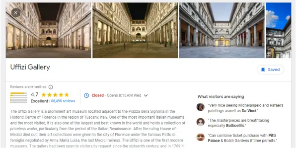 Screenshot of Uffizi Gallery reviews