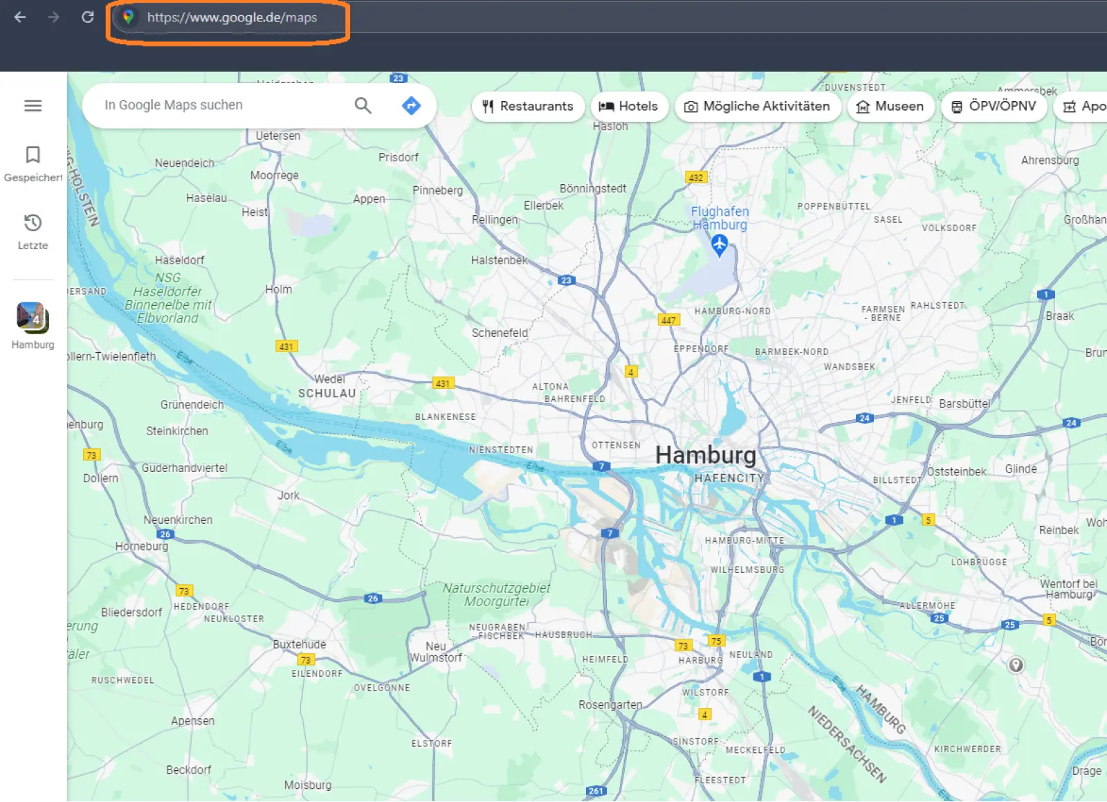 Google Maps Ausschnitt: Hansestadt Hamburg von oben betrachtet