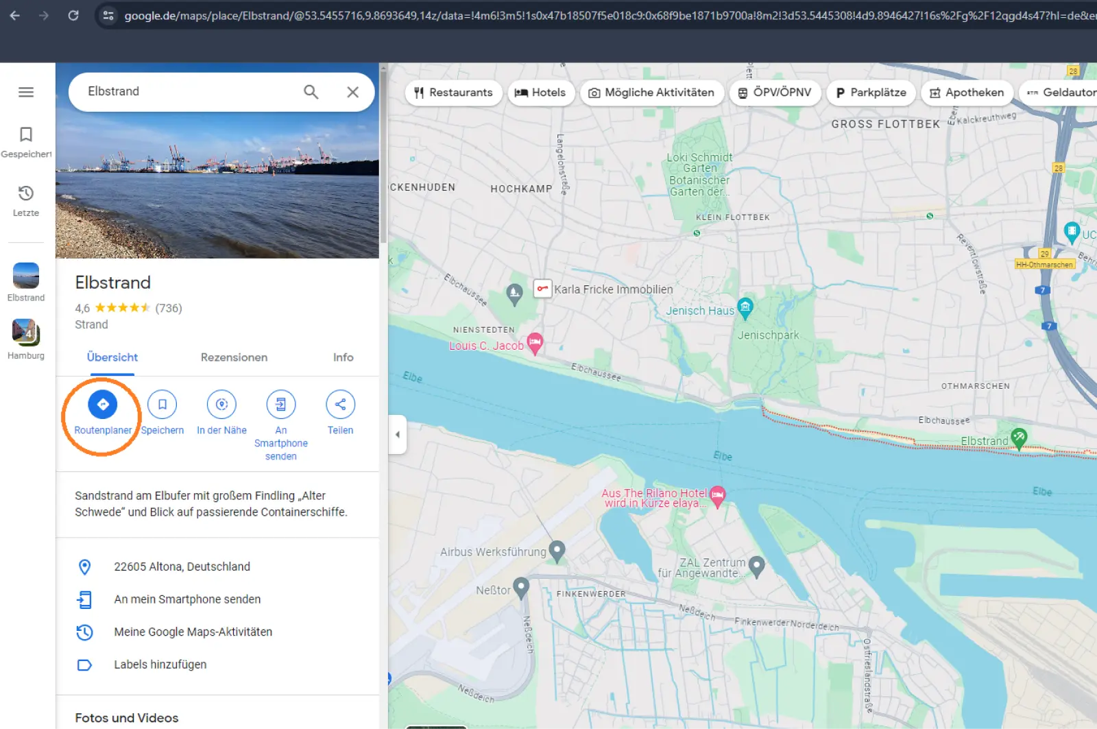 Google Maps Ausschnitt: Elbe und Elbstrand, Altona, Hansestadt Hamburg von oben betrachtet