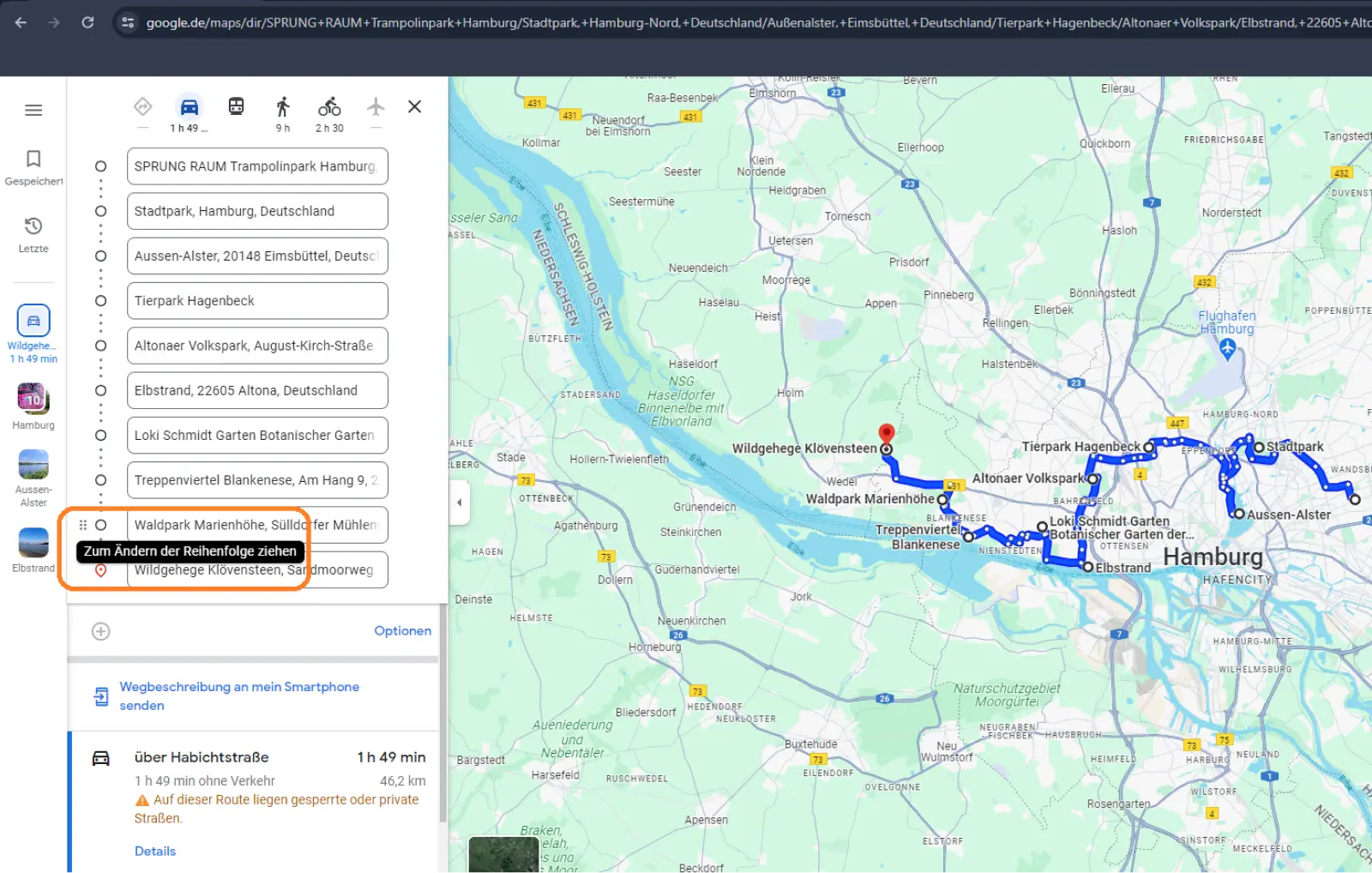 Google Maps Ausschnitt: Hansestadt Hamburg von oben betrachtet und Multi-Stopp-Routenplanung