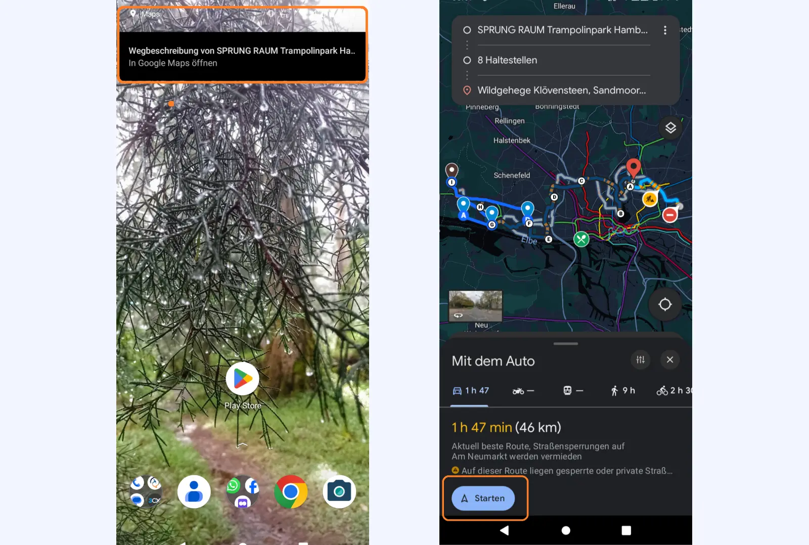 Smartphone Screenshot mit Google Maps Benachrichtigung /// Google Maps Ausschnitt aus der Google Maps Smartphone App: Hansestadt Hamburg von oben betrachtet und Multi-Stopp-Routenplanung