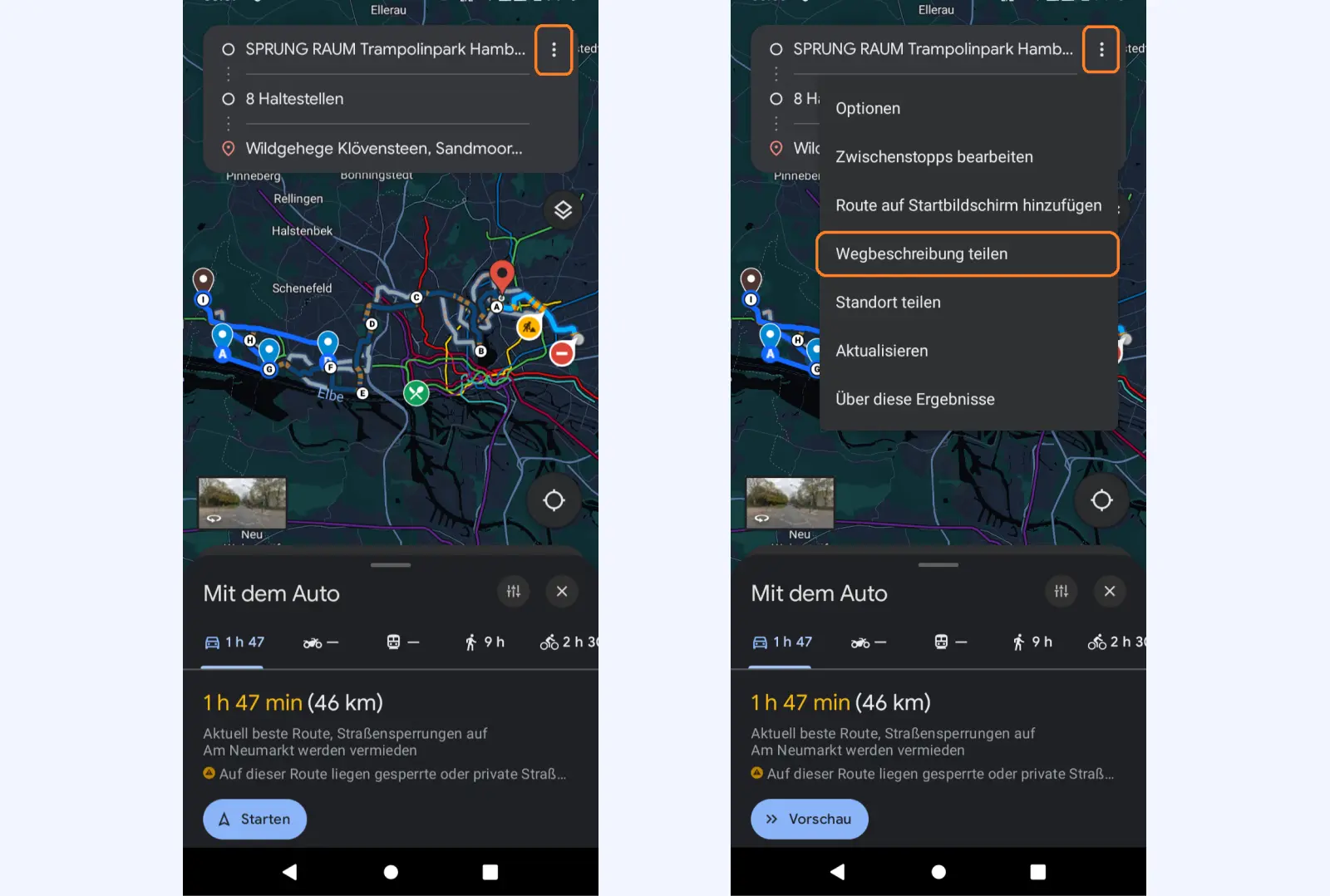 1. & 2. Google Maps Ausschnitt aus der Google Maps Smartphone App: Hansestadt Hamburg von oben betrachtet und Multi-Stopp-Routenplanung