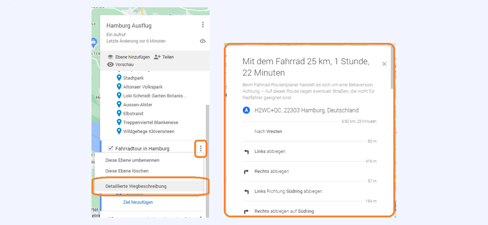 1. & 2. Google My Maps Screenshots: Hansestadt Hamburg von oben betrachtet und Auswahlmenüs, mit Routenplanung