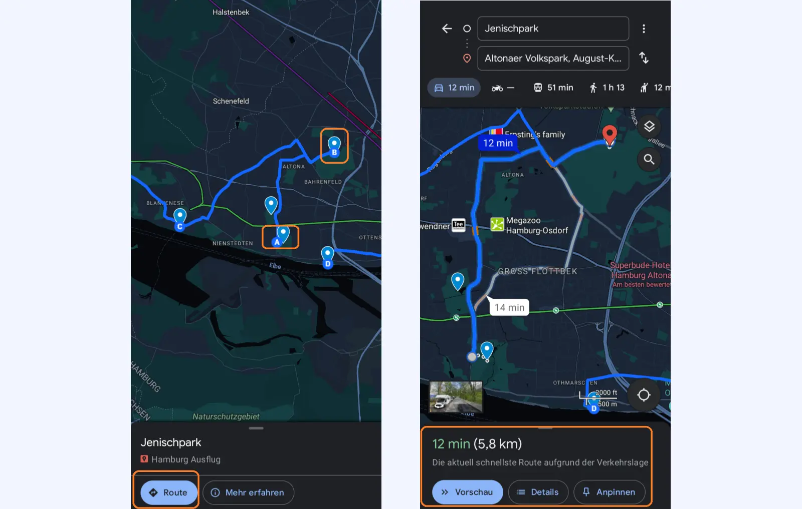 1. & 2. Google Maps Screenshots: Hansestadt Hamburg von oben betrachtet mit Routenplanung