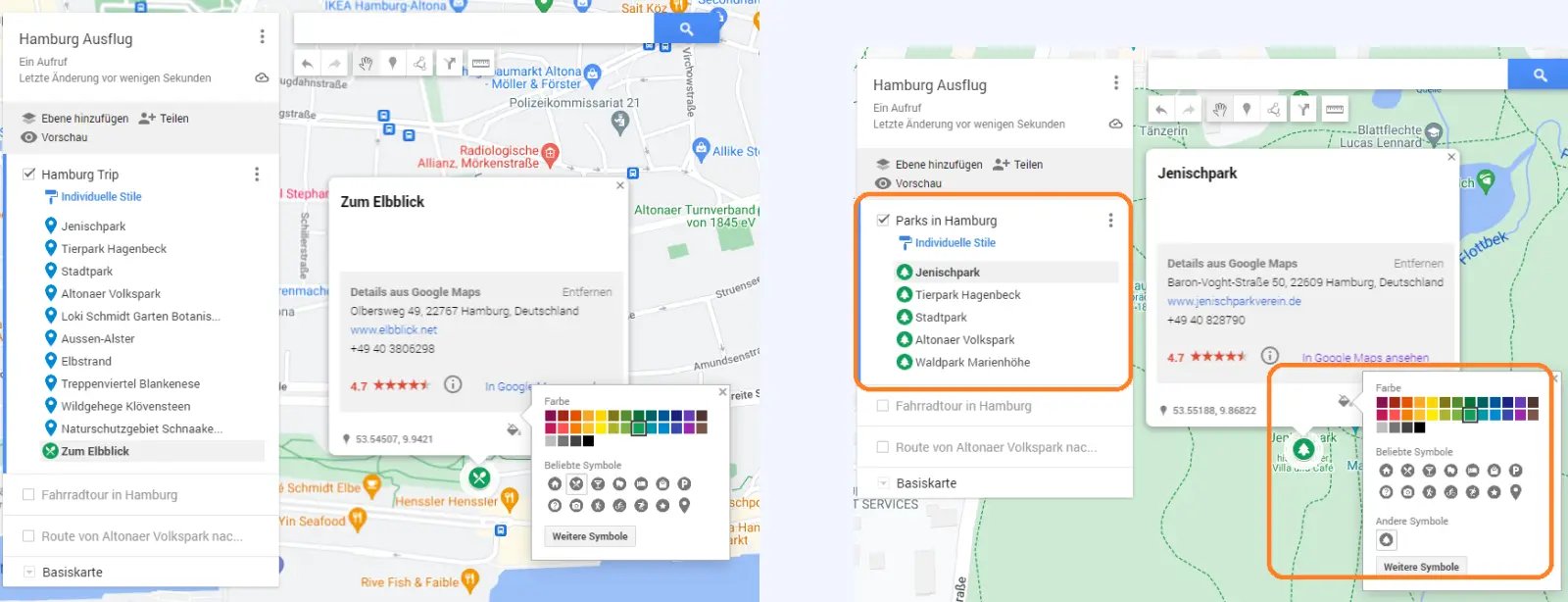 1. & 2. Google My Maps Screenshots: Hansestadt Hamburg von oben betrachtet mit Kartengestaltung, Settings und Routengestaltung