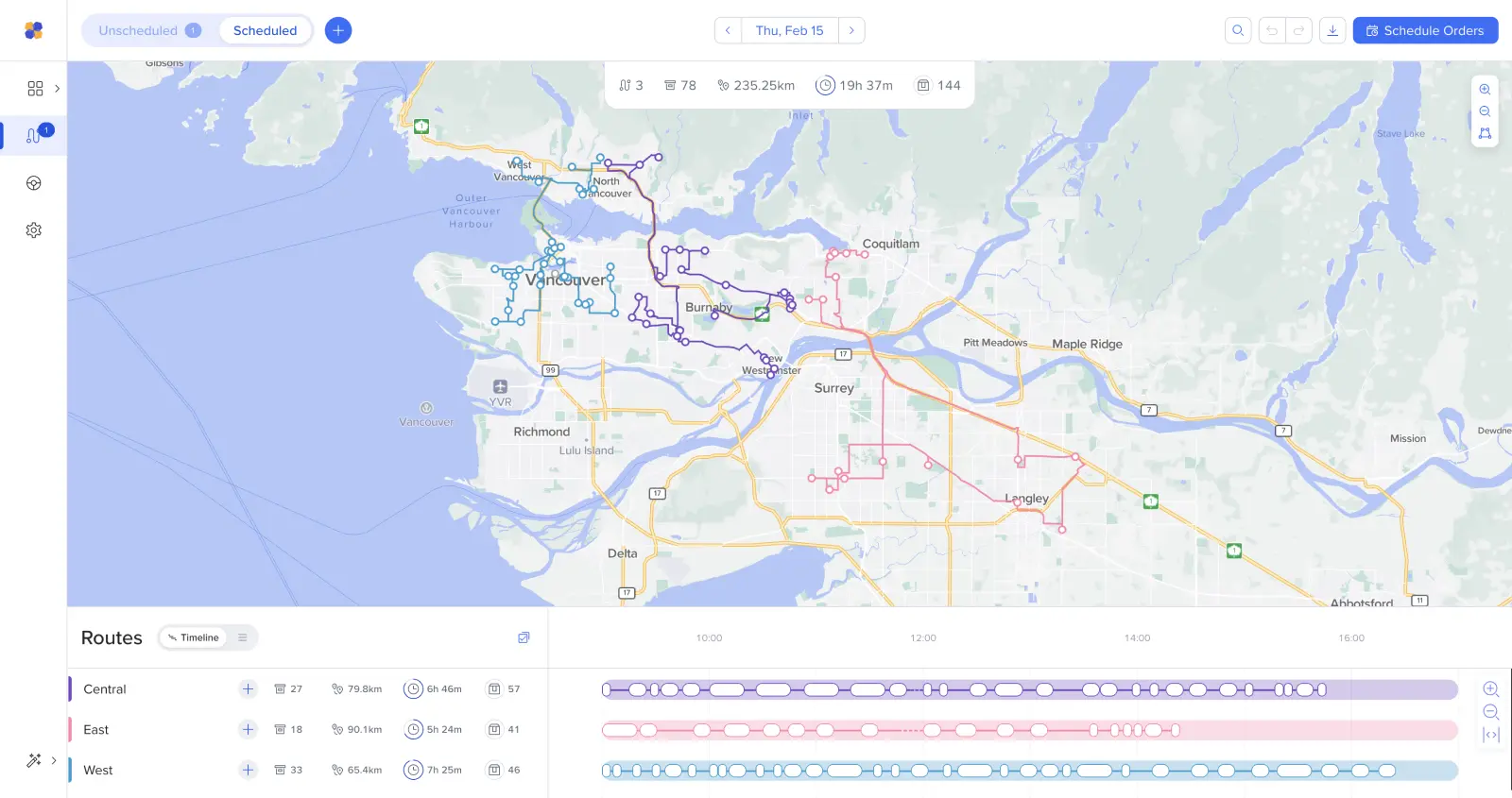 A screenshot of the Routific interface showing three optimized routes in Vancouver, British Columbia.