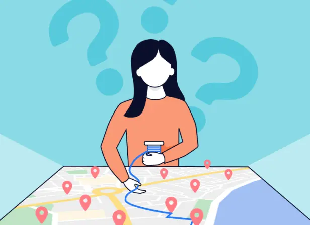 Stylized illustration showing a woman standing at a Google-style map laid out on a table. There are location pins on the map and she is using a spool of blue thread to link the pins together in a route. 