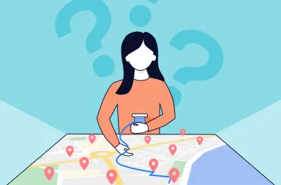 Illustration stylisée montrant une femme debout devant une carte style Google étalée sur une table. Des épingles de localisation sont placées sur la carte et elle utilise une bobine de fil bleu pour relier les points en un itinéraire.