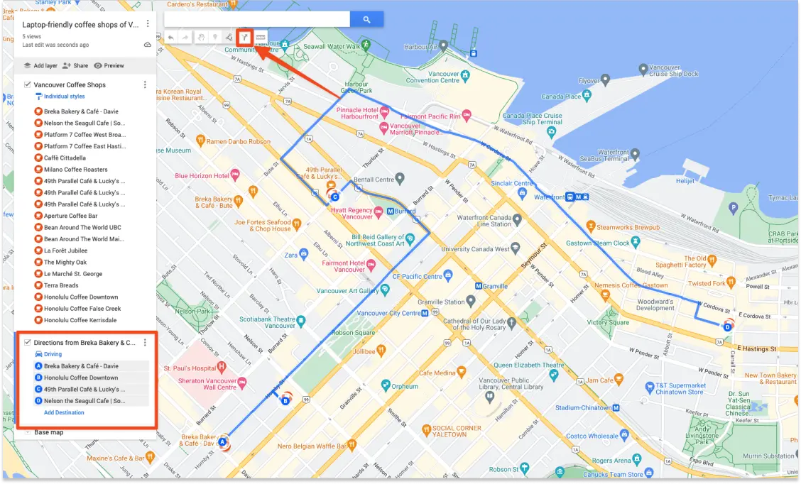 Full-screen shot of My Maps showing a route with four stops.